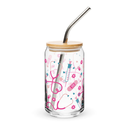 Kawaii Nurse Medical Scatter Can-Shaped Glass Tumbler | Cute Nurse Gift 16 oz with Bamboo Lid & Straw - Spinsterly Co