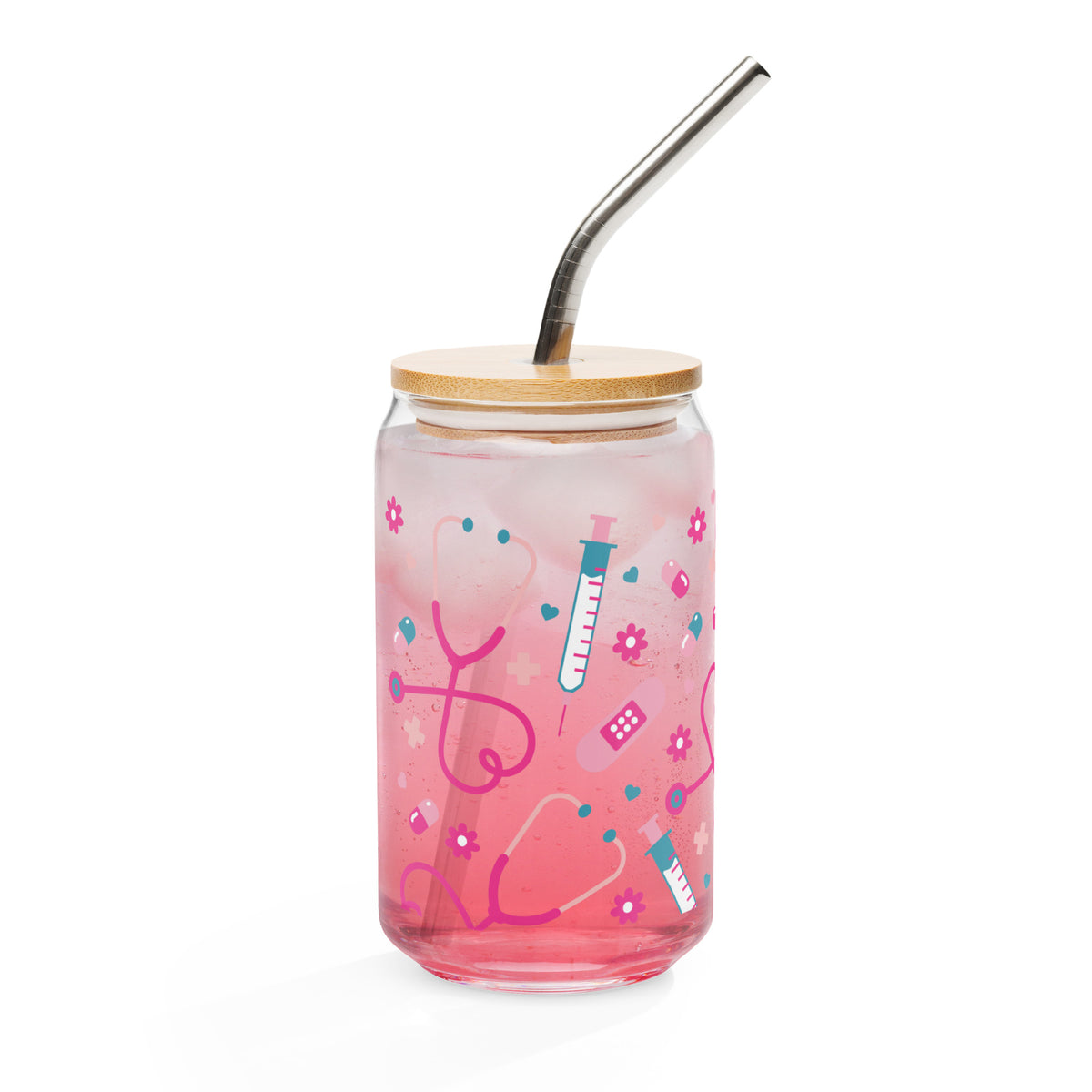 Kawaii Nurse Medical Scatter Can-Shaped Glass Tumbler | Cute Nurse Gift 16 oz with Bamboo Lid & Straw - Spinsterly Co