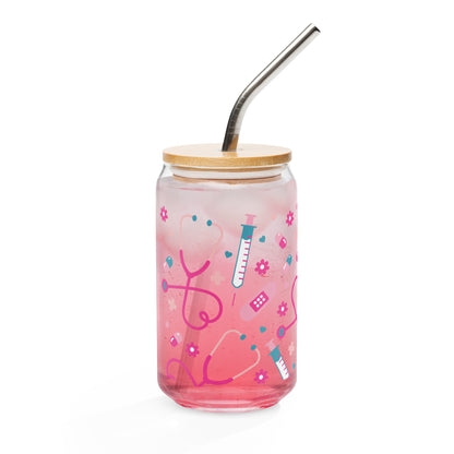 Kawaii Nurse Medical Scatter Can-Shaped Glass Tumbler | Cute Nurse Gift 16 oz with Bamboo Lid & Straw - Spinsterly Co
