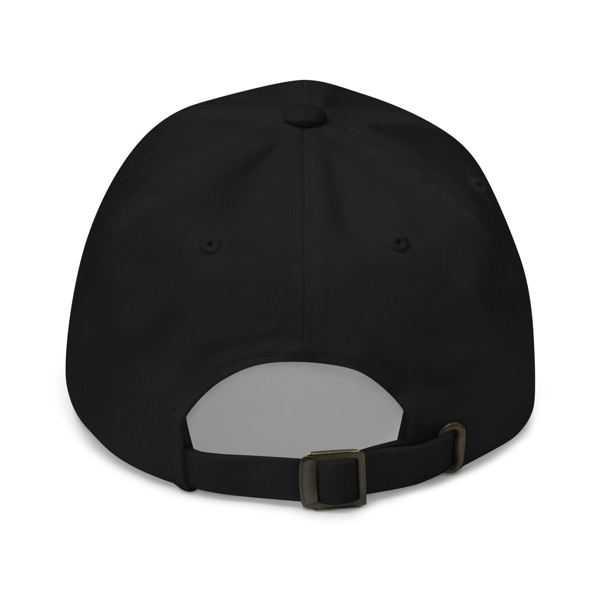 Back view of a Black cap adjustable size on the back on a white background
