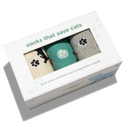 Save Cats Gift Box — 3-Pack Crew Sock Set | Black Cat, Frisky Cat & Cat Face | Organic Cotton - Spinsterly Co
