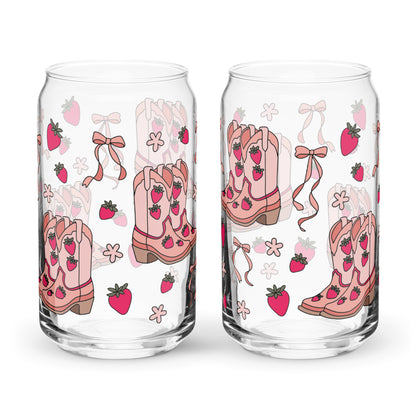 Coquette Cowgirl Strawberry Can Glass Tumbler | Pink Boots & Bows Iced Coffee Cup - Spinsterly Co