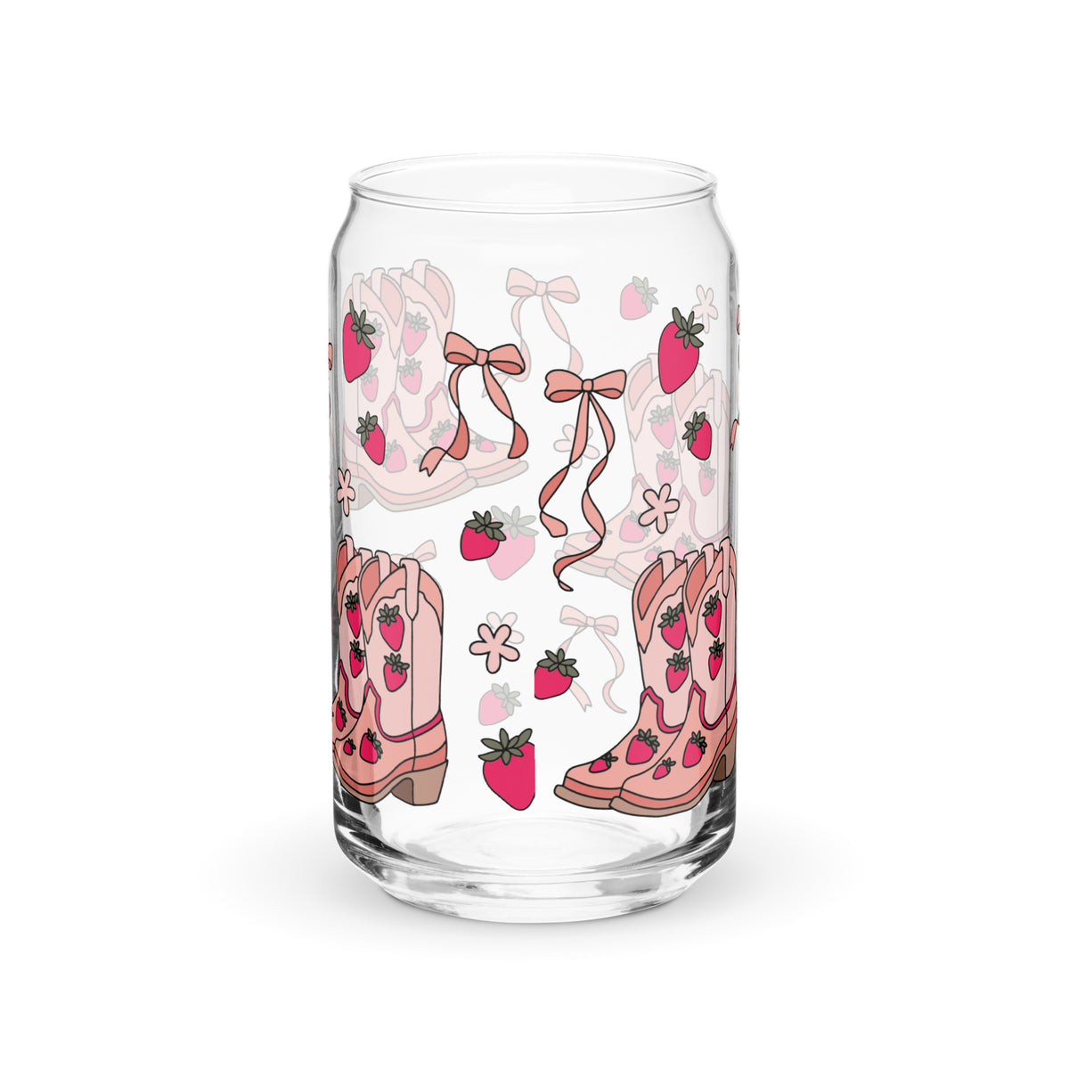 Coquette Cowgirl Strawberry Can Glass Tumbler | Pink Boots & Bows Iced Coffee Cup - Spinsterly Co