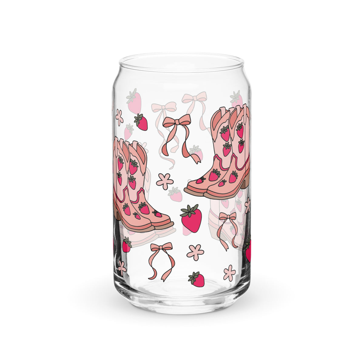 Coquette Cowgirl Strawberry Can Glass Tumbler | Pink Boots & Bows Iced Coffee Cup - Spinsterly Co