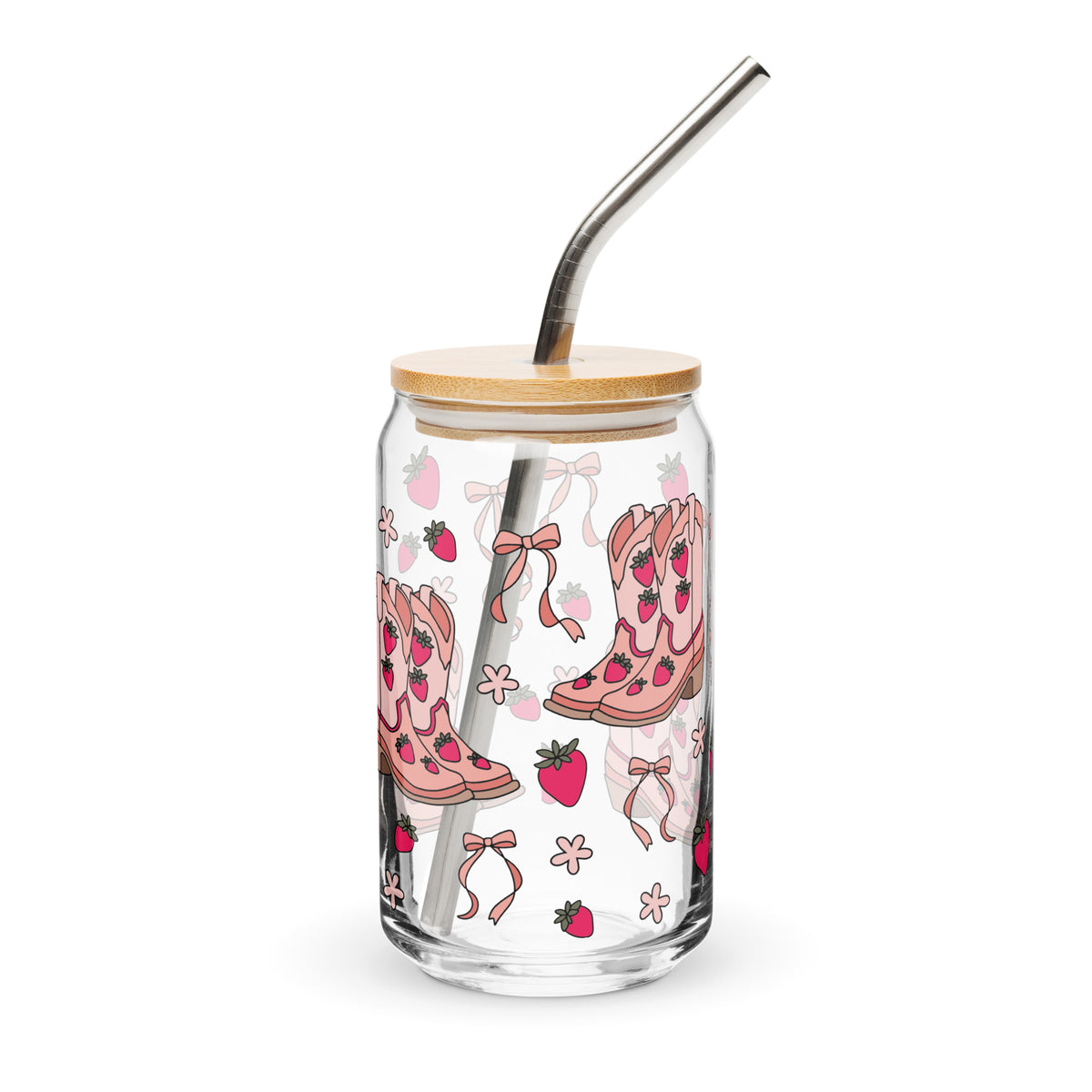 Coquette Cowgirl Strawberry Can Glass Tumbler | Pink Boots & Bows Iced Coffee Cup - Spinsterly Co