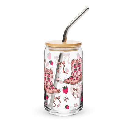 Coquette Cowgirl Strawberry Can Glass Tumbler | Pink Boots & Bows Iced Coffee Cup - Spinsterly Co