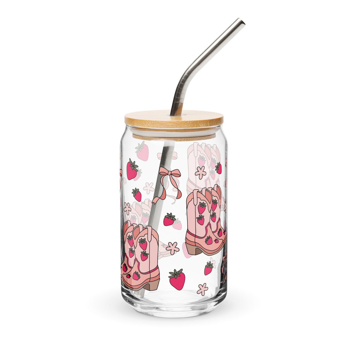 Coquette Cowgirl Strawberry Can Glass Tumbler | Pink Boots & Bows Iced Coffee Cup - Spinsterly Co