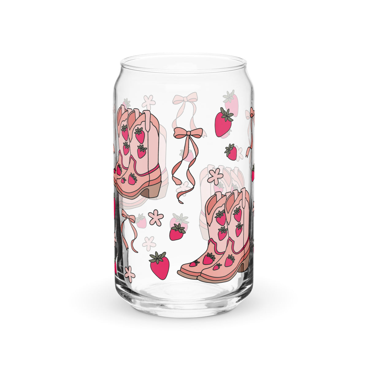 Coquette Cowgirl Strawberry Can Glass Tumbler | Pink Boots & Bows Iced Coffee Cup - Spinsterly Co