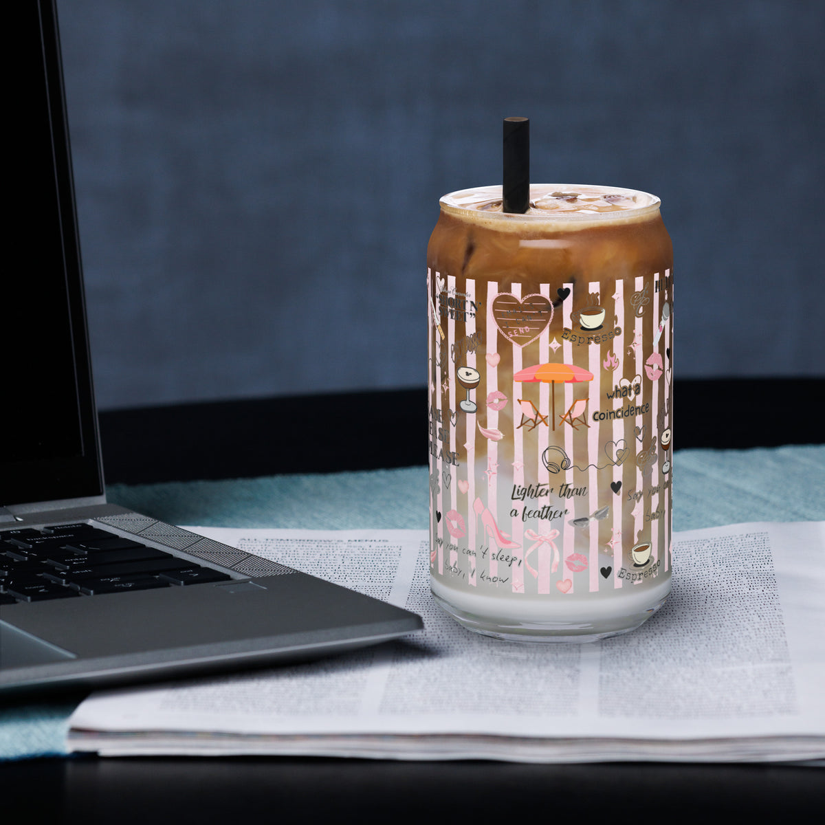 Coquette Espresso Pop Music Lyric Scatter Glass Tumbler | Fan Gift 16 oz with Bamboo Lid & Straw - Spinsterly Co