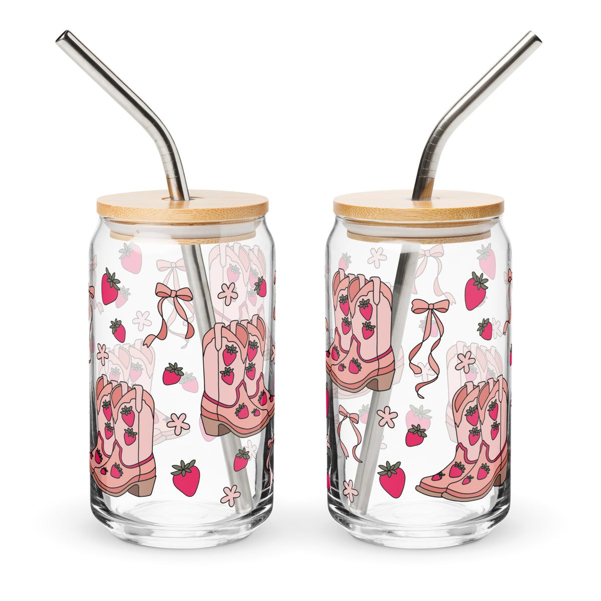 Coquette Cowgirl Strawberry Can Glass Tumbler | Pink Boots & Bows Iced Coffee Cup - Spinsterly Co