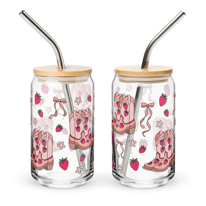 Coquette Cowgirl Strawberry Can Glass Tumbler | Pink Boots & Bows Iced Coffee Cup - Spinsterly Co