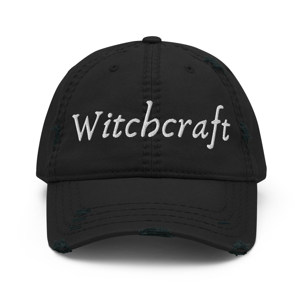 Witchcraft Distressed Dad Hat | Embroidered Witchy Script Black Cotton Cap - Spinsterly Co