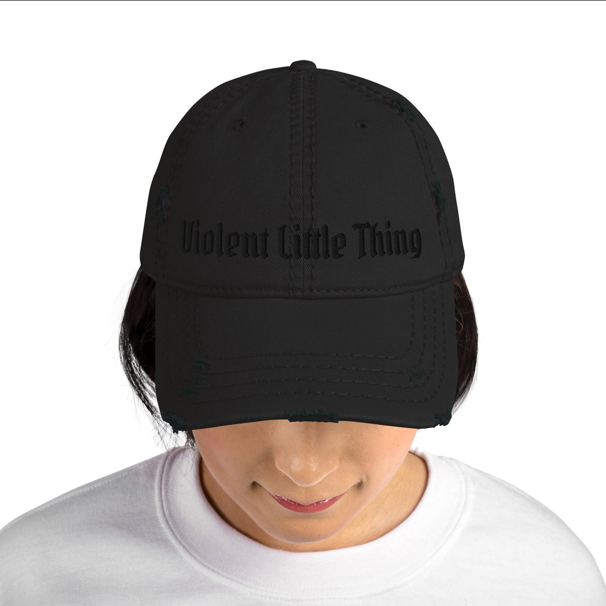 Violent Little Thing Distressed Dad Hat | Tonal Black Embroidered Cap - Spinsterly Co