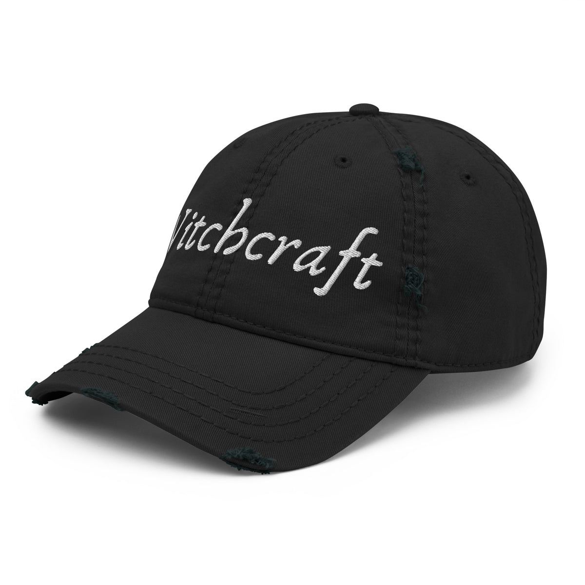Witchcraft Distressed Dad Hat | Embroidered Witchy Script Black Cotton Cap - Spinsterly Co