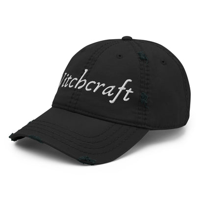 Witchcraft Distressed Dad Hat | Embroidered Witchy Script Black Cotton Cap - Spinsterly Co