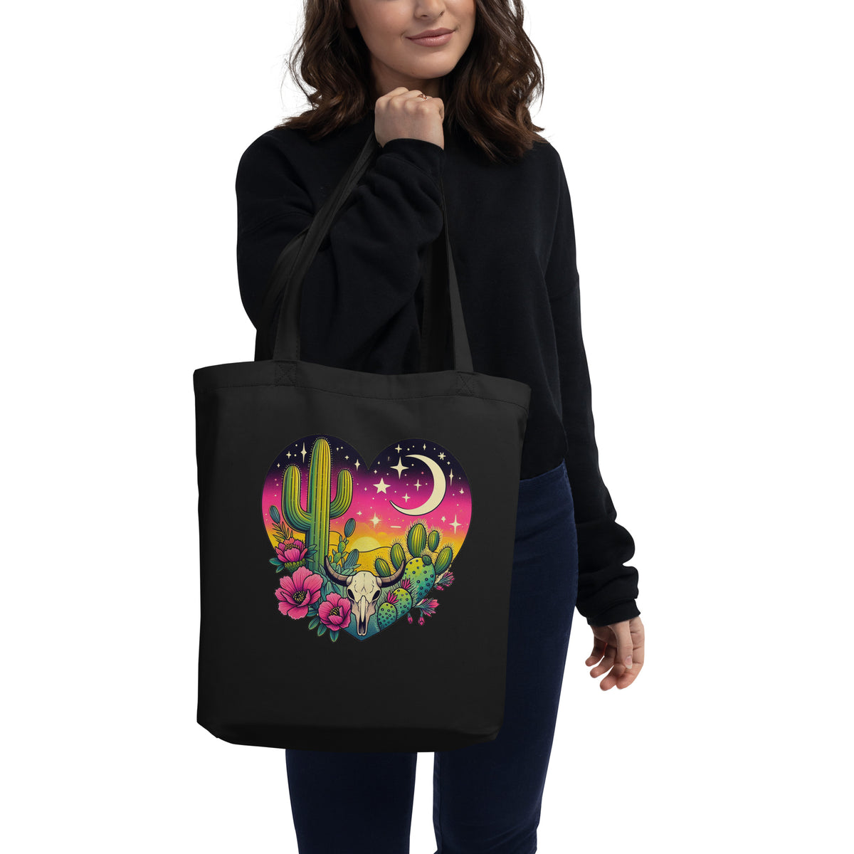 Desert Heart Eco Tote Bag | Boho Cactus Bull Skull Moon Organic Cotton Bag - Spinsterly Co