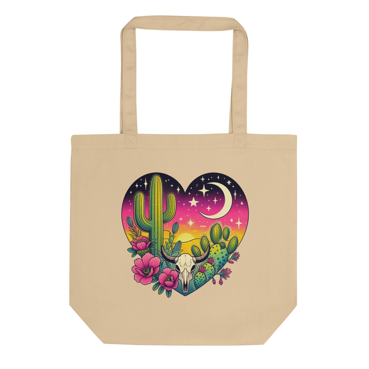 Desert Heart Eco Tote Bag | Boho Cactus Bull Skull Moon Organic Cotton Bag - Spinsterly Co
