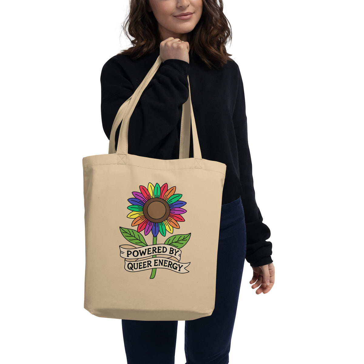 Powered by Queer Energy Eco Tote Bag | Rainbow Sunflower LGBTQIA+ Tote - Spinsterly Co