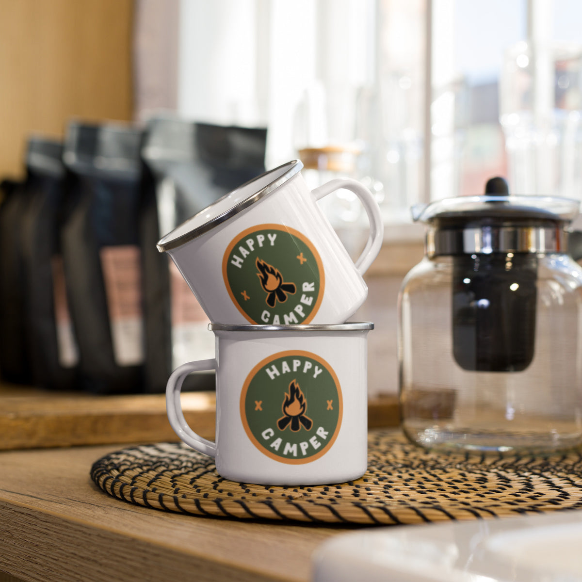 Happy Camper Enamel Mug | Retro Campfire Badge - Spinsterly Co