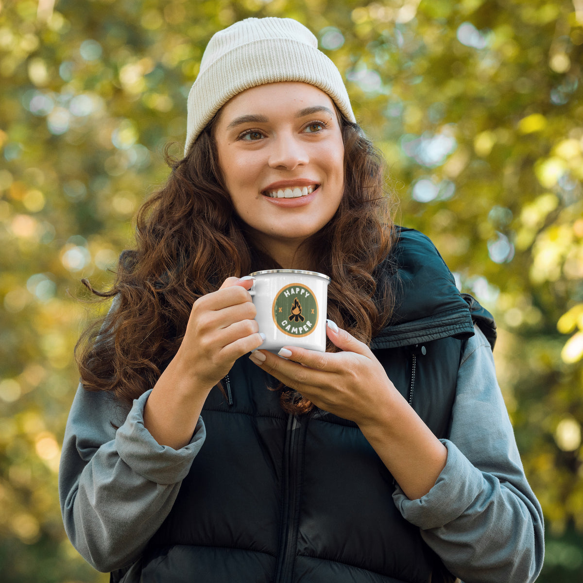 Happy Camper Enamel Mug | Retro Campfire Badge - Spinsterly Co