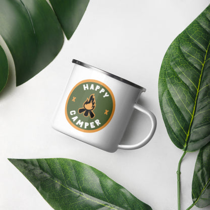 Happy Camper Enamel Mug | Retro Campfire Badge - Spinsterly Co