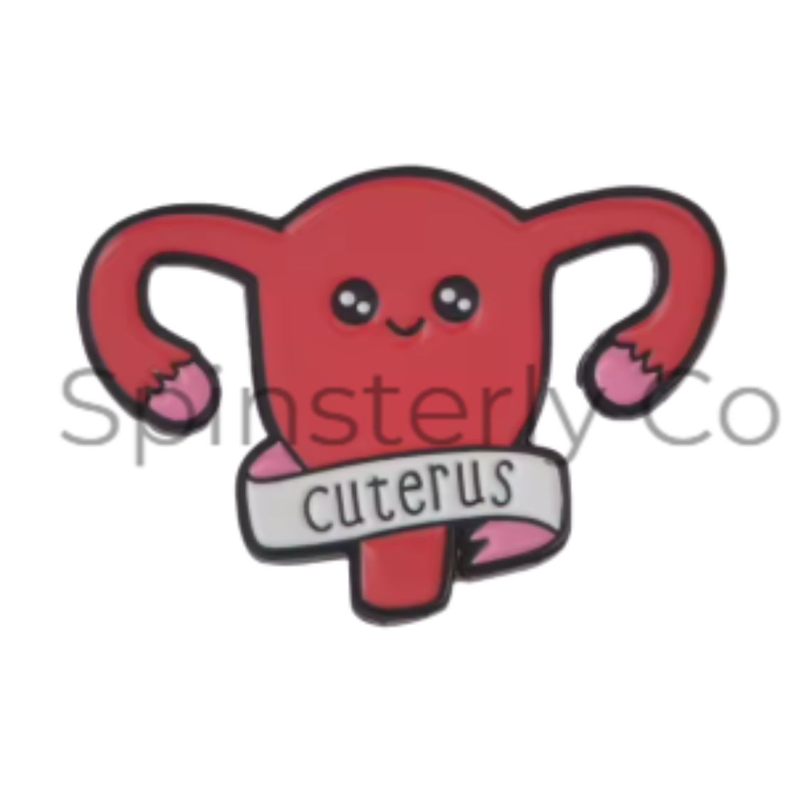 A cute cartoon uterus-shaped charm or pin in red with pink inner ears, black outlines, and a white banner reading 'cuterus' across the front, shown on a plain white background.
