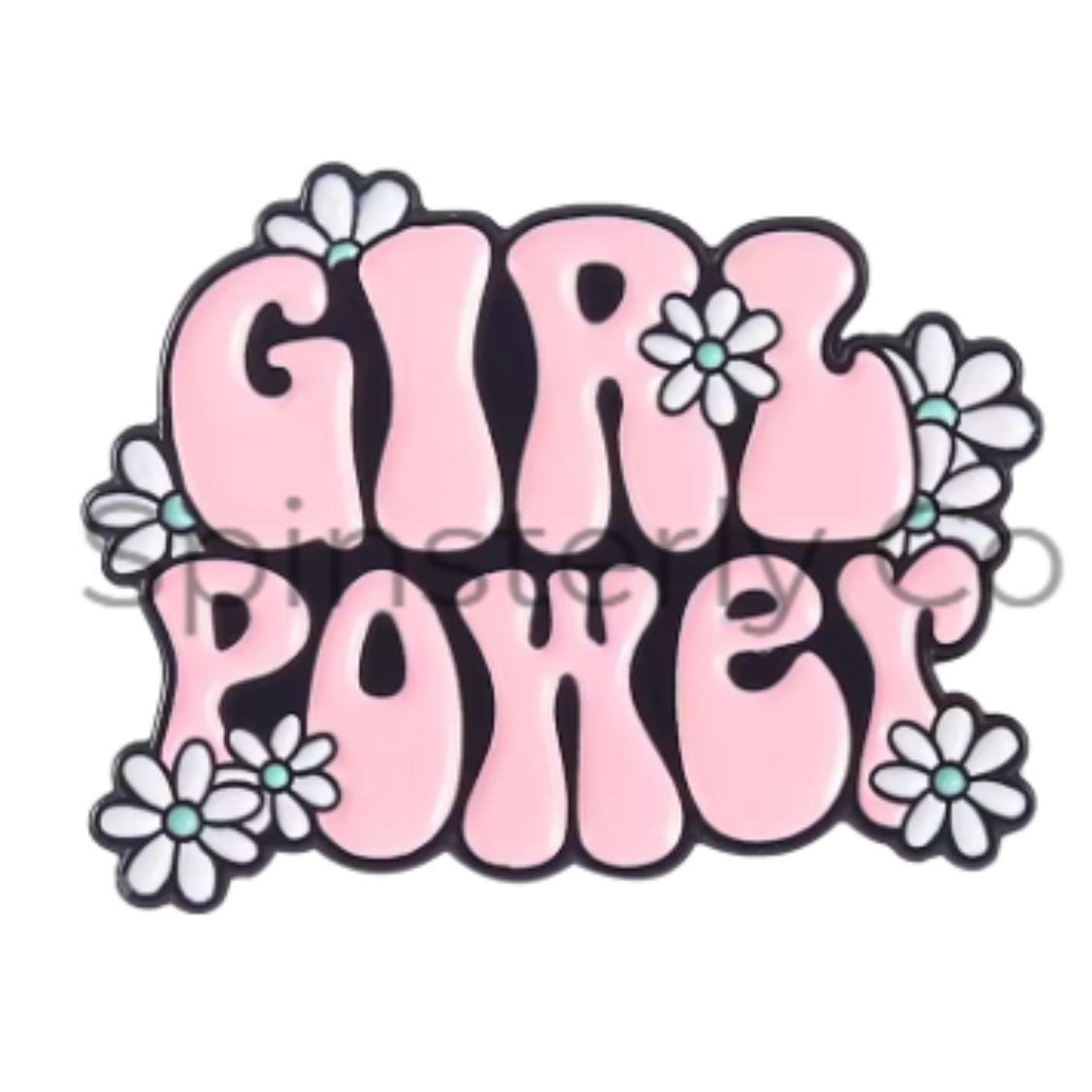 A retro-style enamel pin or sticker featuring the words 'GIRL POWER' in bubbly pink lettering outlined in black, decorated with white daisy flowers with light blue centers.