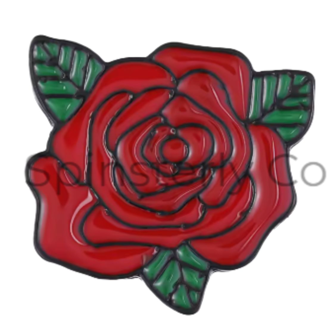 A red rose enamel pin with green leaves and black metal outlines, shown on a plain white background with a faint watermark.