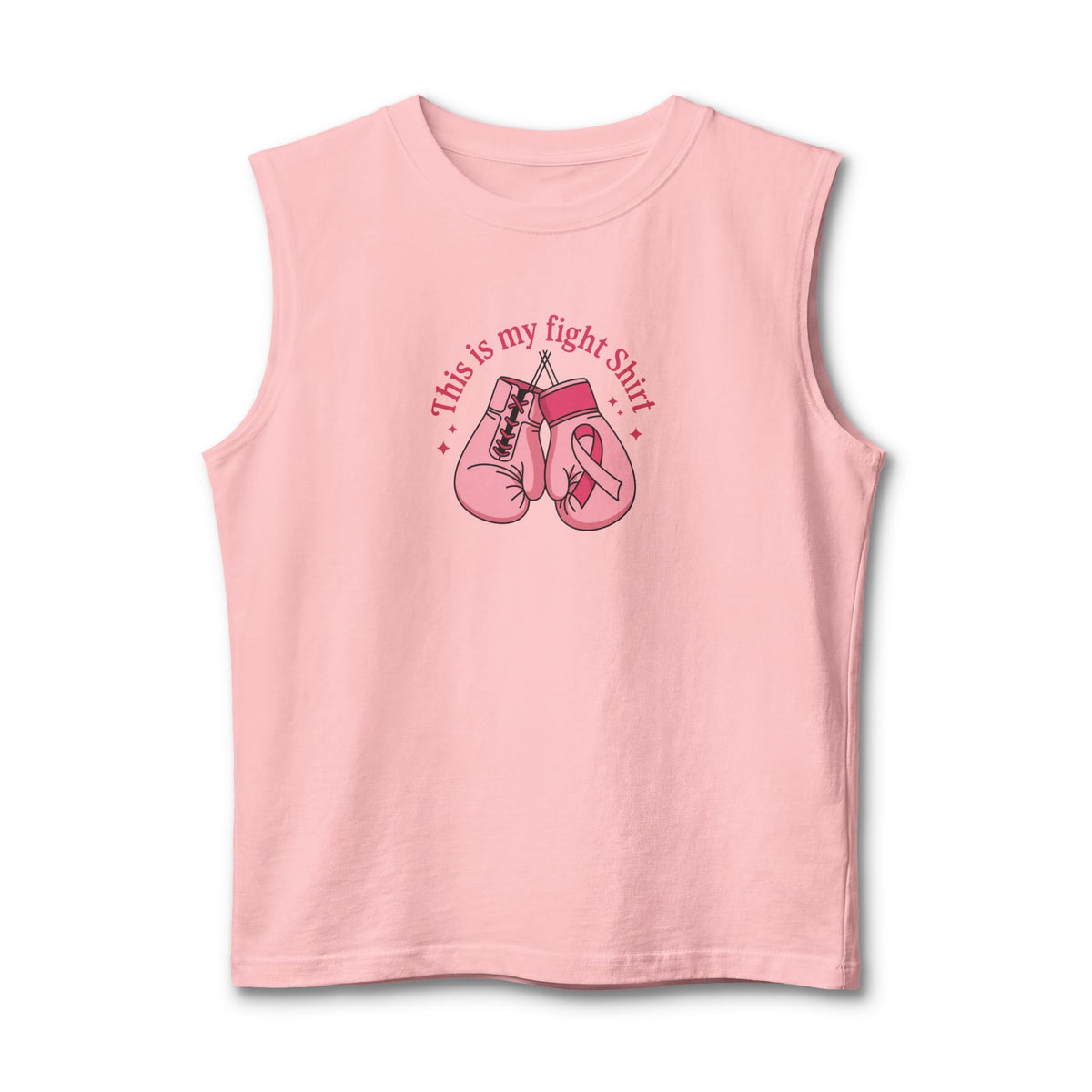 A light pink sleeveless muscle tank top featuring a graphic of pink boxing gloves and a pink ribbon with the text 'This is my fight shirt' printed on the chest, displayed against a plain white background.