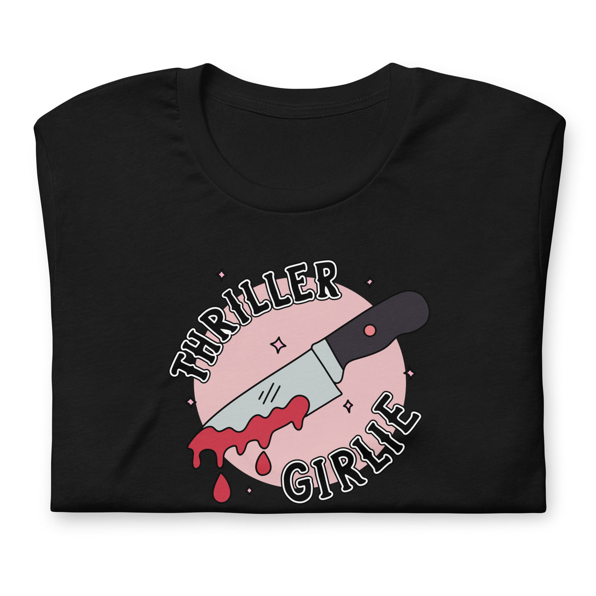 A black short-sleeve t-shirt with a graphic print on the front. The graphic features a pink circle with the words 'THRILLER GIRLIE' in a stylized font, surrounding an illustration of a knife with red blood dripping from it.