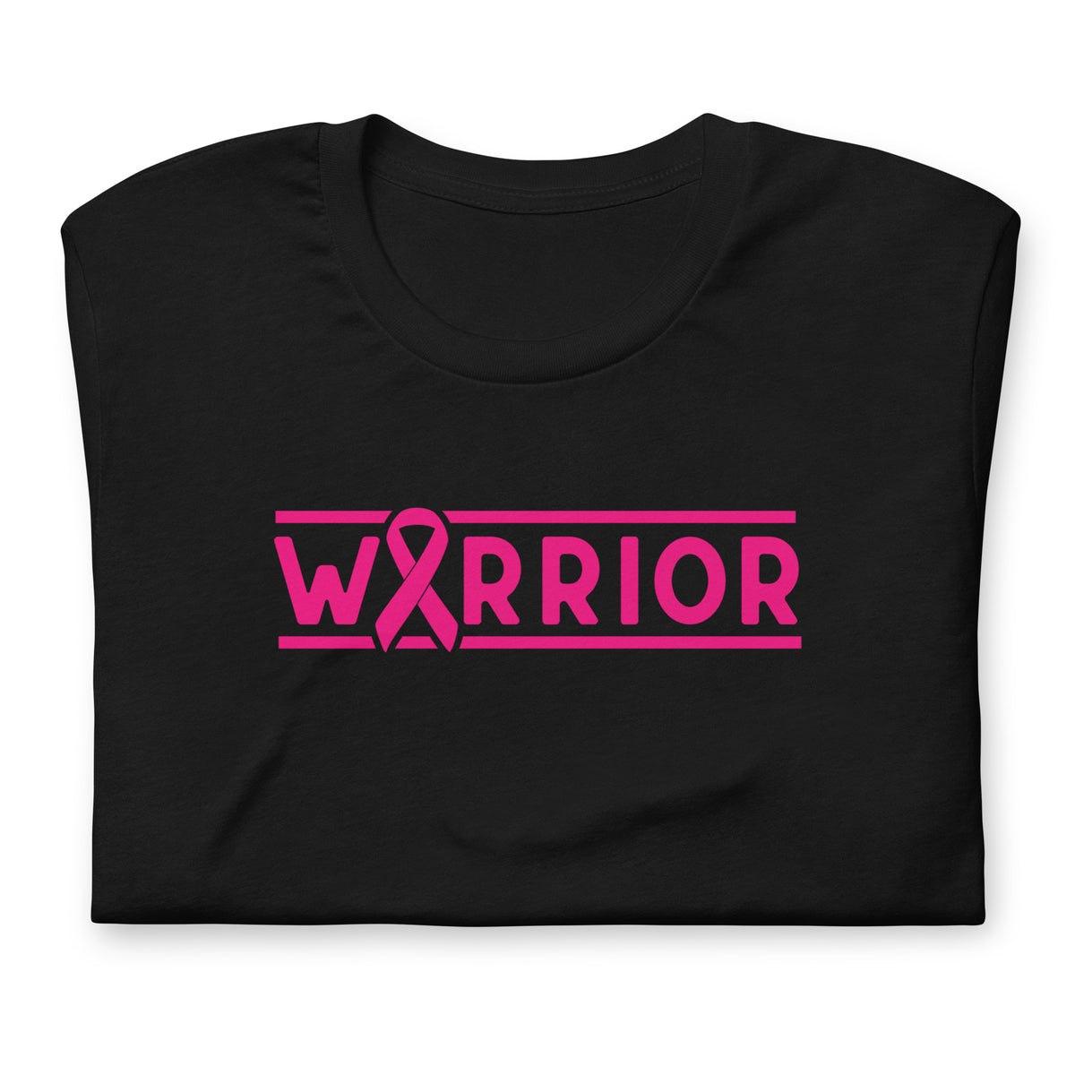 A black short-sleeve crewneck t-shirt with a bright pink graphic on the chest reading 'WARRIOR' with a pink breast cancer awareness ribbon replacing the letter 'A', displayed on a clean white background.
