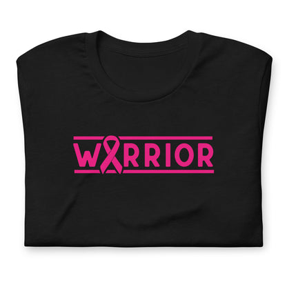 A black short-sleeve crewneck t-shirt with a bright pink graphic on the chest reading 'WARRIOR' with a pink breast cancer awareness ribbon replacing the letter 'A', displayed on a clean white background.