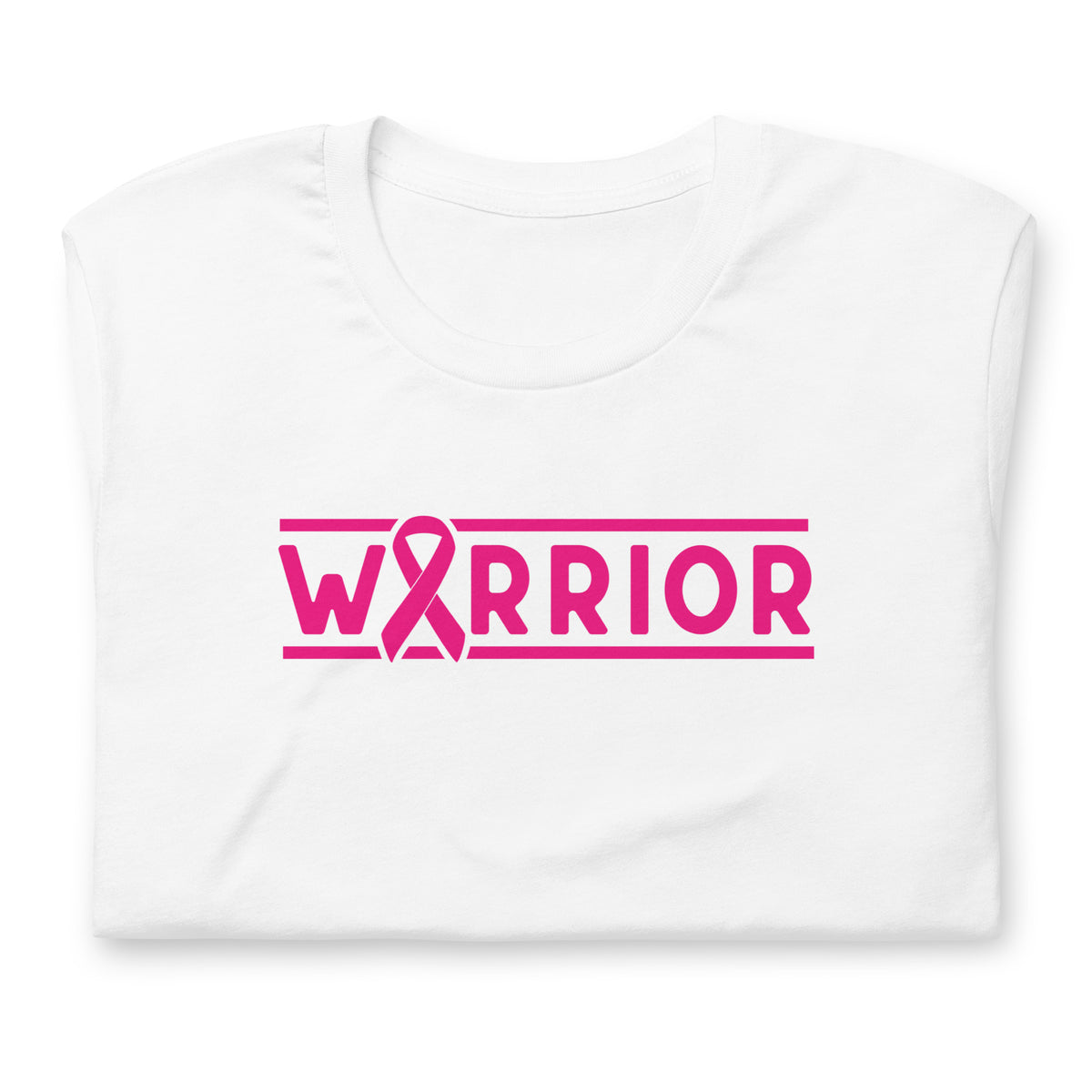 A folded white short-sleeve t-shirt with a bright pink breast cancer awareness graphic on the chest that reads 'WARRIOR' with a ribbon symbol replacing the letter 'A'.