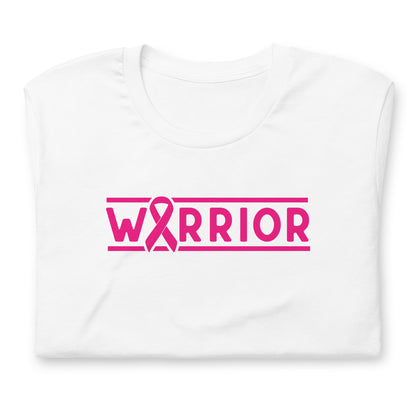 A folded white short-sleeve t-shirt with a bright pink breast cancer awareness graphic on the chest that reads 'WARRIOR' with a ribbon symbol replacing the letter 'A'.