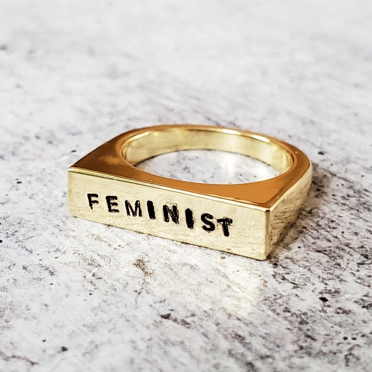 Feminist Ring | Hand Stamped Flat Top Band | Gold Plated, Gold Vermeil & Sterling Silver | Custom Text - Spinsterly Co