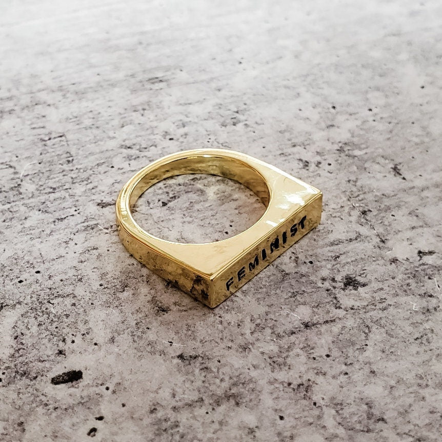 Feminist Ring | Hand Stamped Flat Top Band | Gold Plated, Gold Vermeil & Sterling Silver | Custom Text - Spinsterly Co