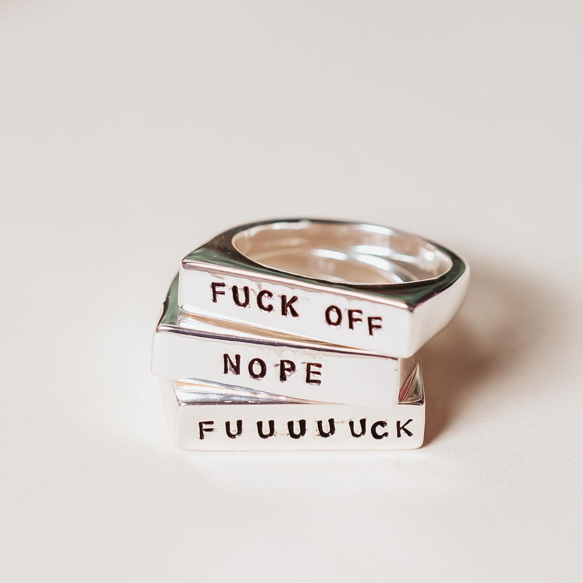 Feminist Ring | Hand Stamped Flat Top Band | Gold Plated, Gold Vermeil & Sterling Silver | Custom Text - Spinsterly Co