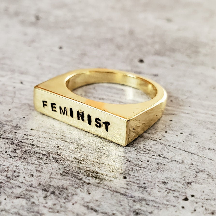 Feminist Ring | Hand Stamped Flat Top Band | Gold Plated, Gold Vermeil & Sterling Silver | Custom Text - Spinsterly Co