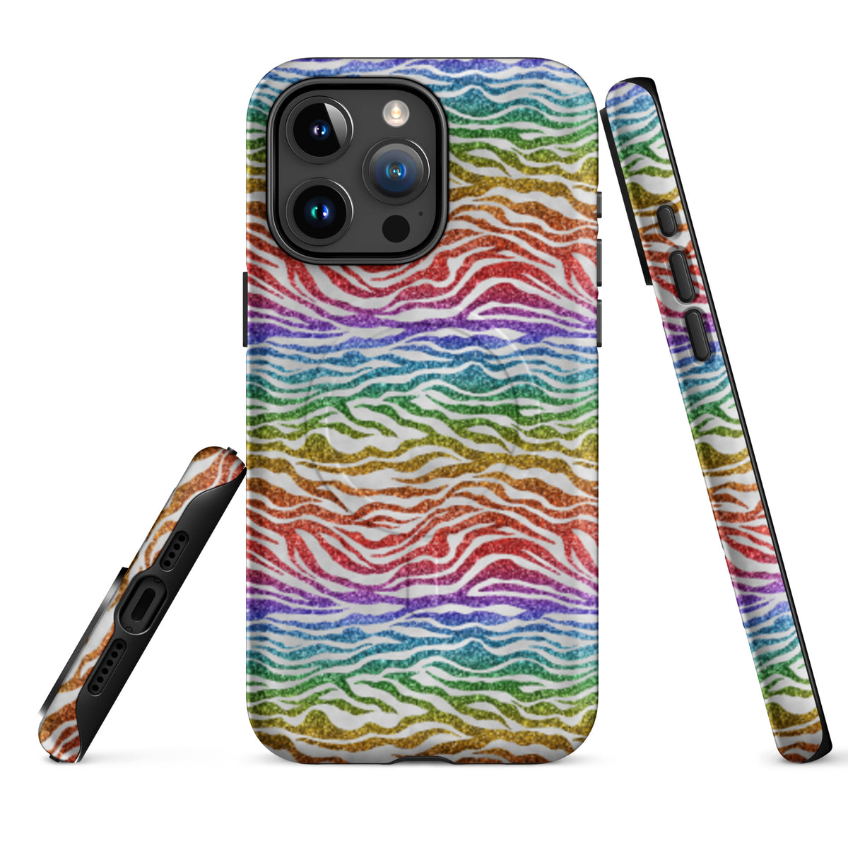 Rainbow Glitter Zebra MagSafe Tough Case | Bold Animal Print iPhone Case - Spinsterly Co