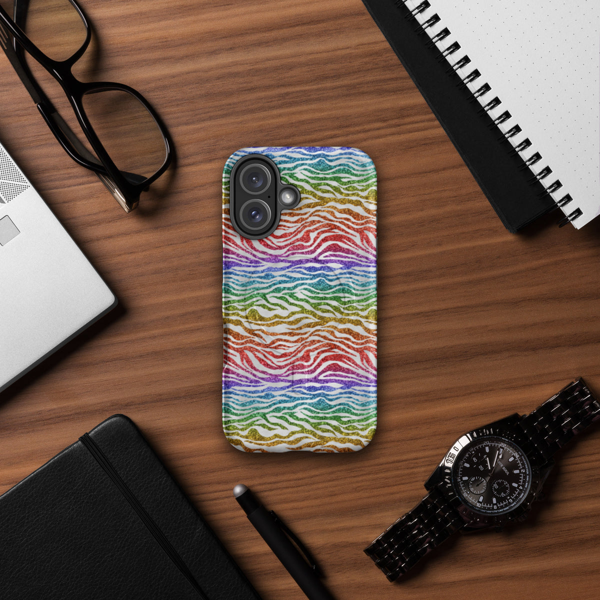 Rainbow Glitter Zebra MagSafe Tough Case | Bold Animal Print iPhone Case - Spinsterly Co