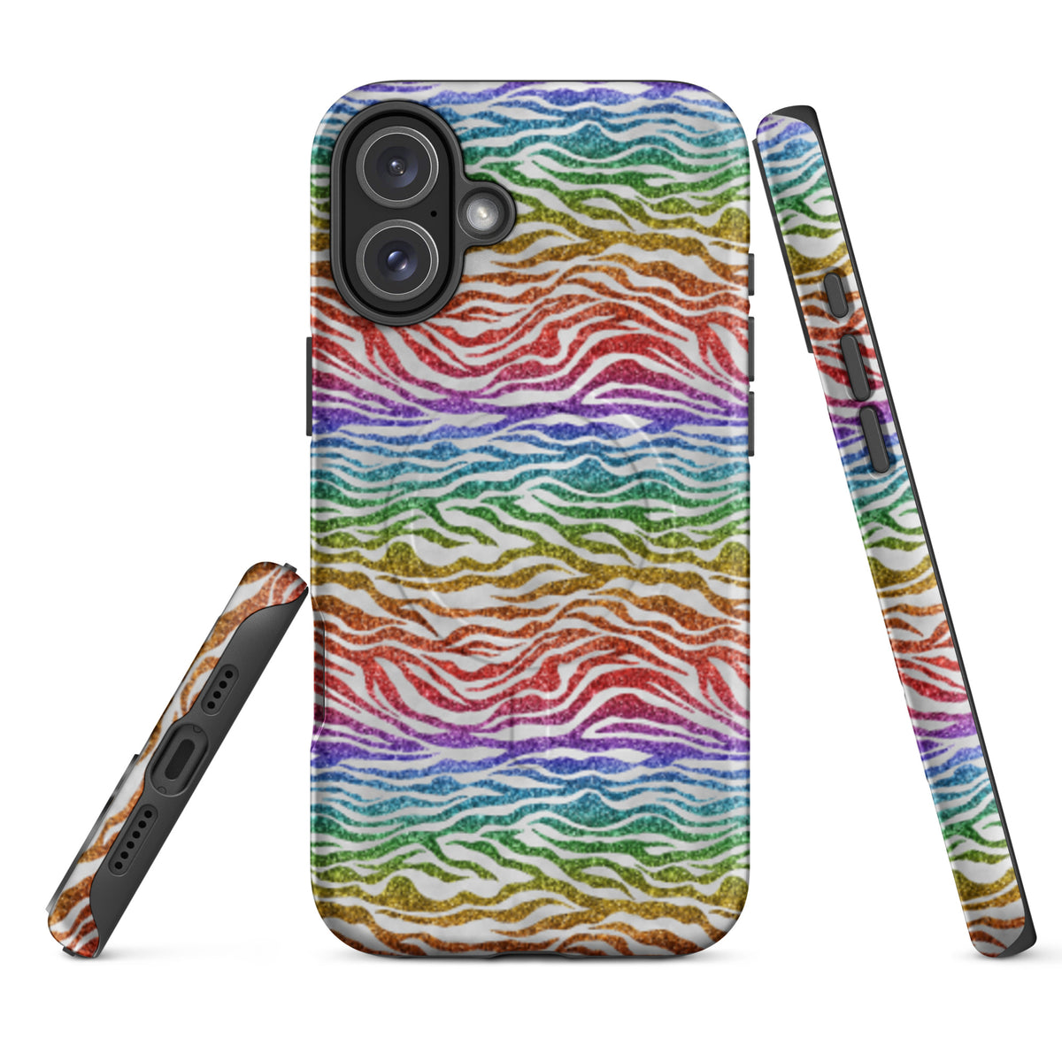 Rainbow Glitter Zebra MagSafe Tough Case | Bold Animal Print iPhone Case - Spinsterly Co