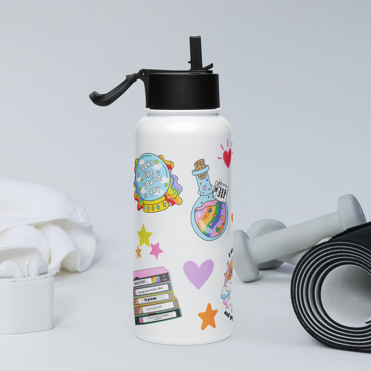 Pride Sticker Water Bottle | 32oz Insulated Stainless Steel with Straw - Spinsterly Co