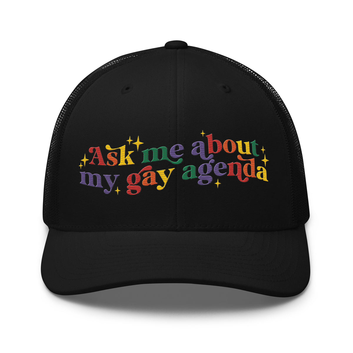 Ask Me About My Gay Agenda Trucker Hat | LGBTQIA+ Pride Cap - Spinsterly Co