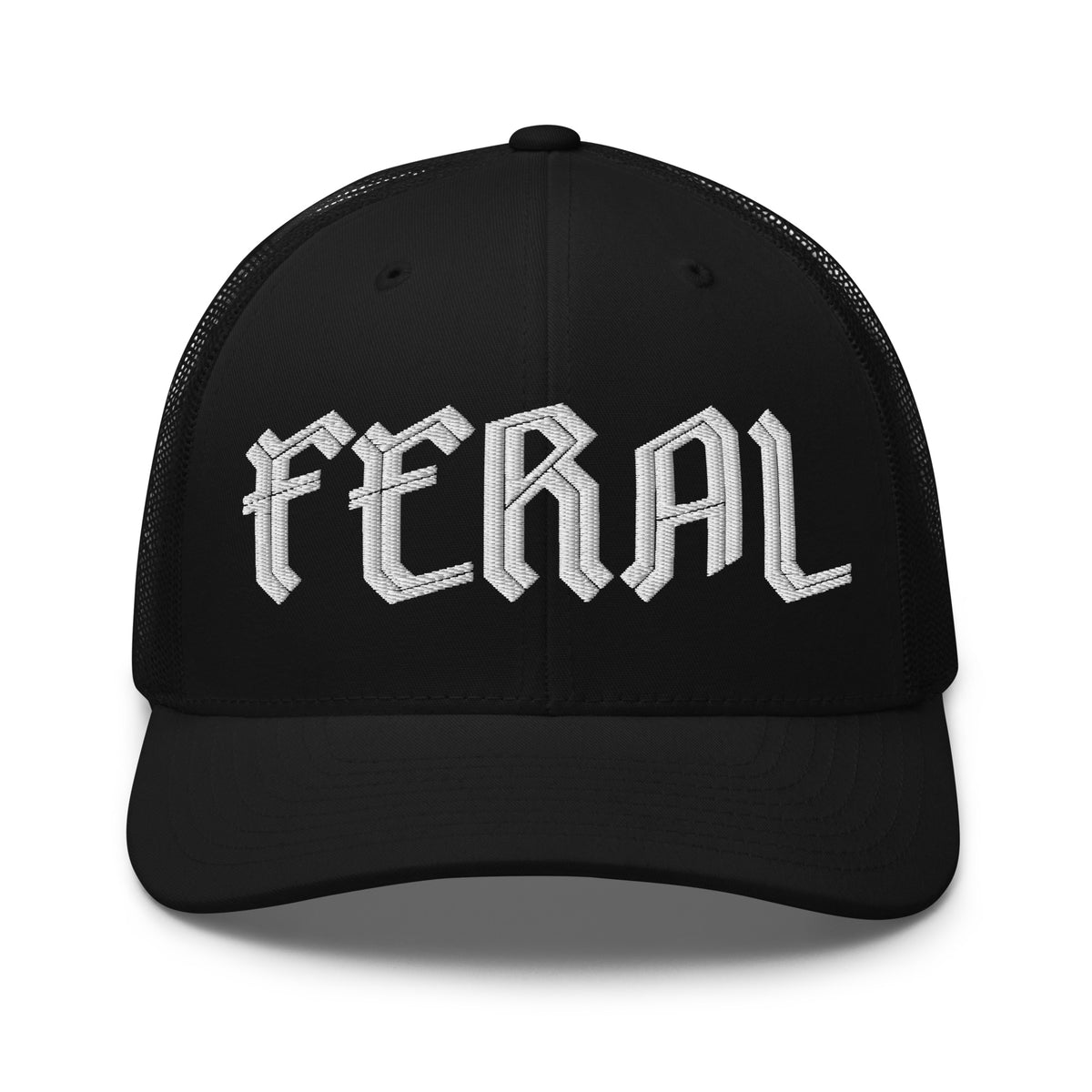 Feral Embroidered Trucker Hat | Gothic Blackletter Statement Cap - Spinsterly Co