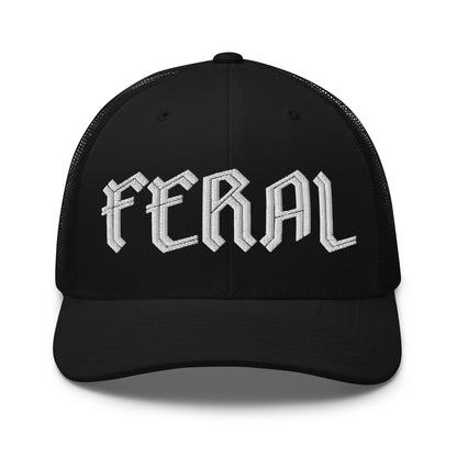 Feral Embroidered Trucker Hat | Gothic Blackletter Statement Cap - Spinsterly Co
