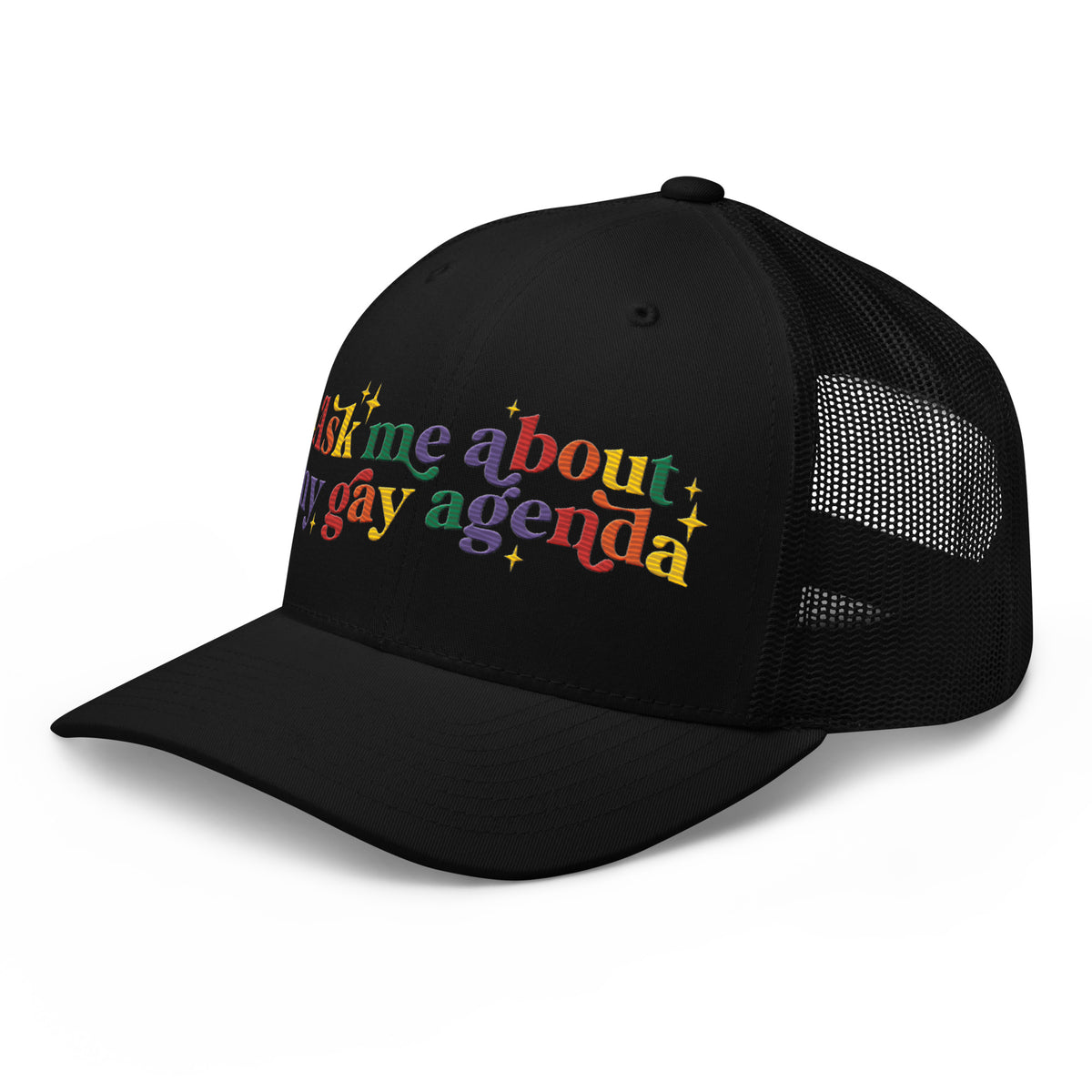 Ask Me About My Gay Agenda Trucker Hat | LGBTQIA+ Pride Cap - Spinsterly Co