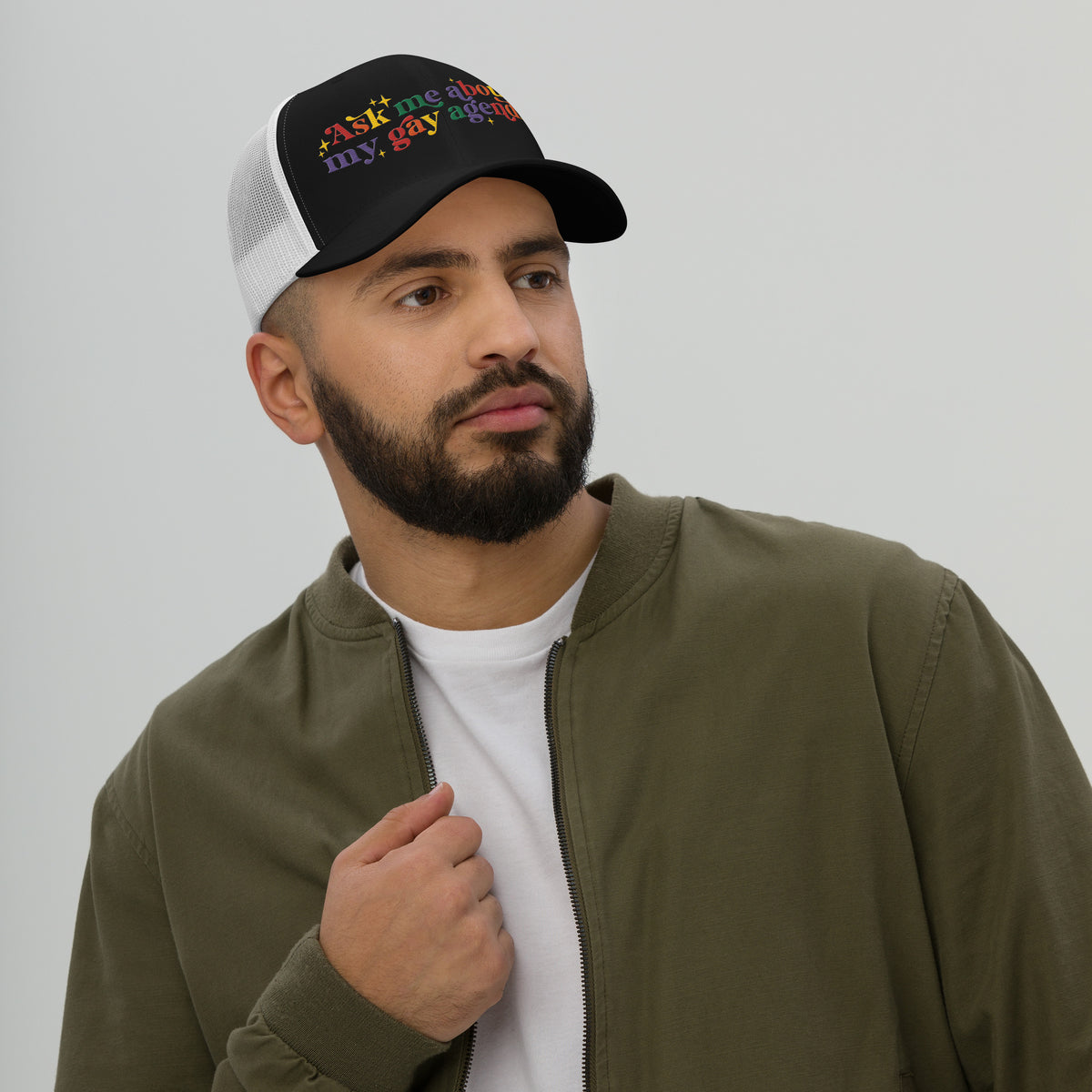 Ask Me About My Gay Agenda Trucker Hat | LGBTQIA+ Pride Cap - Spinsterly Co