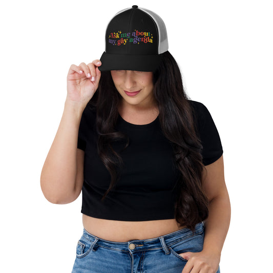 Ask Me About My Gay Agenda Trucker Hat | LGBTQIA+ Pride Cap - Spinsterly Co