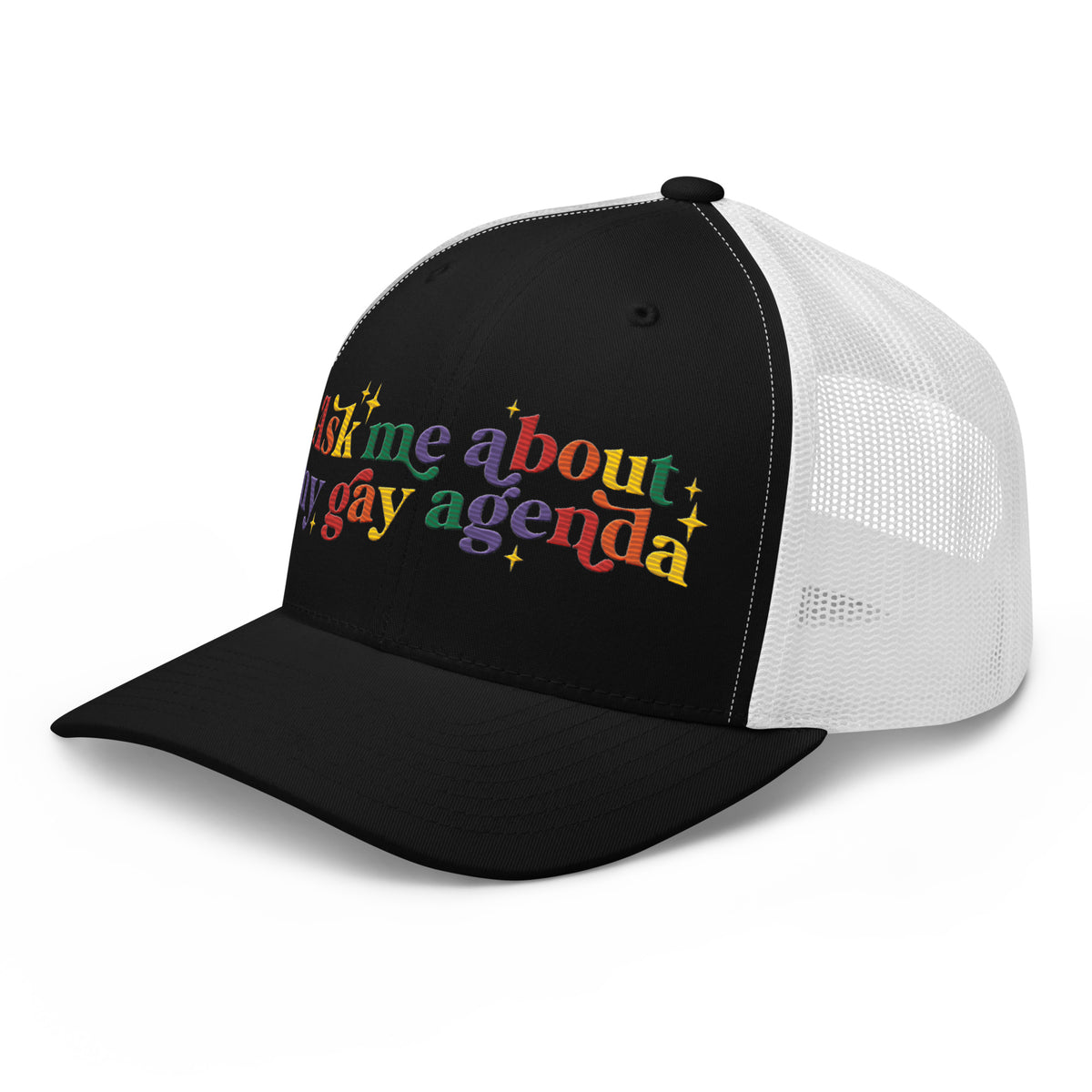 Ask Me About My Gay Agenda Trucker Hat | LGBTQIA+ Pride Cap - Spinsterly Co