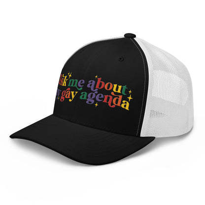 Ask Me About My Gay Agenda Trucker Hat | LGBTQIA+ Pride Cap - Spinsterly Co